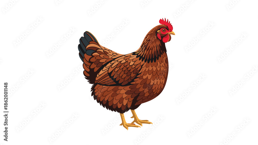 Fototapeta premium Detailed illustration of a healthy brown chicken hen standing gracefully, showcasing its intricate feather patterns and alert posture, perfect for farm themes.