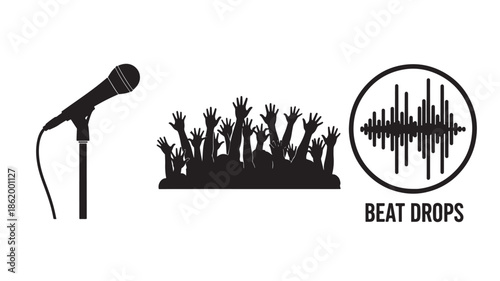 Microphone with audience silhouettes and sound wave graphic in minimalist black design for music event promotion