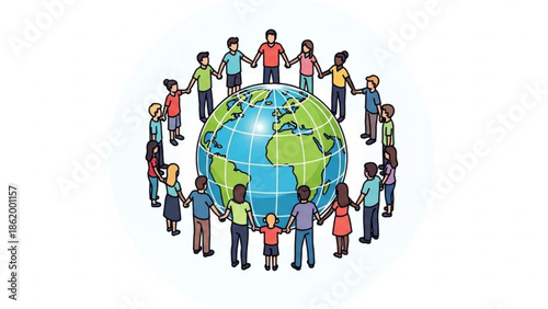 Diverse People Holding Hands Around Globe Symbolizing Unity and Globalization