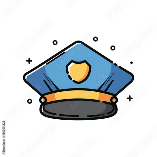 Blue police cap with golden shield emblem, orange band and black visor, cartoon style on white panel