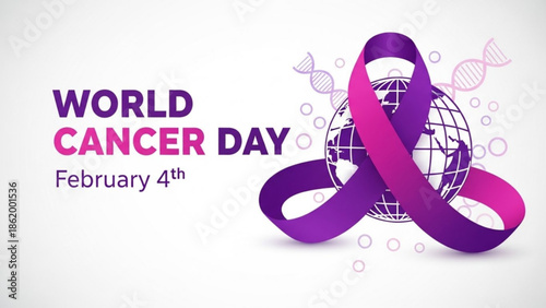 Purple Pink Ribbon World Cancer Day Awareness on Globe February 4th