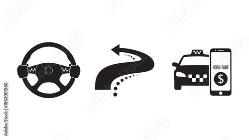 Ride Hailing Service Icon Set in Simple Monochrome Design with Black Color Scheme on White Background for Mobile App