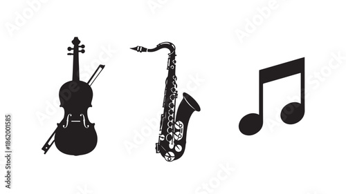 Violin, Saxophone, and Musical Note Silhouettes in Simple Monochrome Style with Black Color on White Background for Music Industry