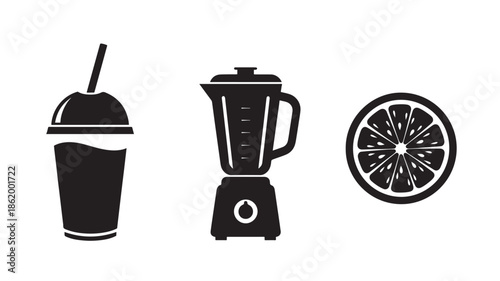 Blender and Juice Icons in Simple Flat Design with Black Silhouette on White Background for Health and Wellness Branding