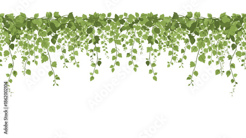 Lush seamless border of delicate green vines and small leaves, ideal for naturalistic designs, digital decoration, or organic-themed presentations.