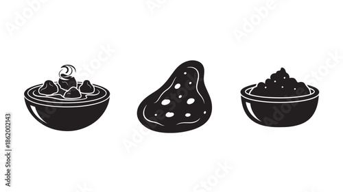 Black Coffee or Chocolate in Various Bowls with Different Textures and Presentation for Menu Design