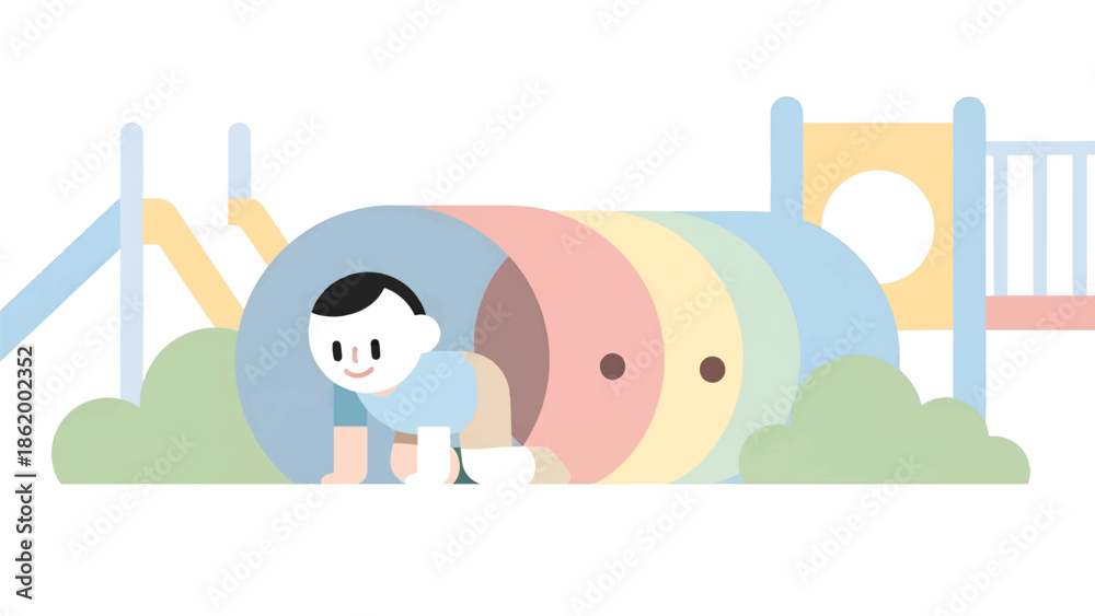 Fototapeta premium Child crawling through pastel play tunnel at playground with slides, bushes, and smiling face nearby