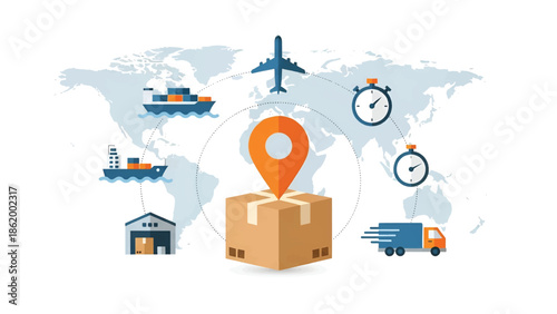Central parcel with map pin surrounded by ship, plane, truck, warehouse and time icons worldwide map