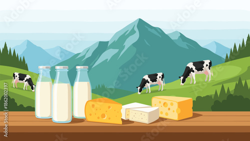 Fresh dairy products including milk bottles and various cheeses on a wooden table, set against a backdrop of cows grazing in a picturesque mountainous landscape.