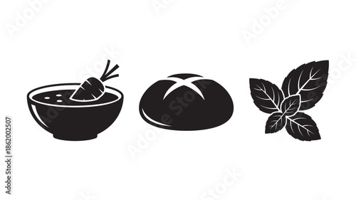 Japanese Tea Set with Tea Leaves and Tea Cake in Simple Elegant Design with Black Silhouette for Culinary Use