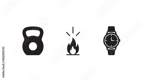 Fitness icons set in minimalist style with bold black color on white background for health and wellness design