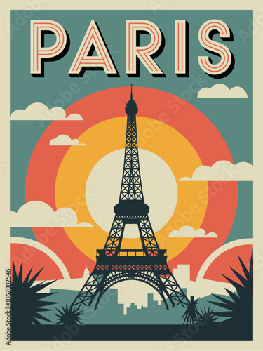 Mid century modern vector travel poster of Paris with Eiffel Tower silhouette, warm sunset shapes and a muted retro color palette.