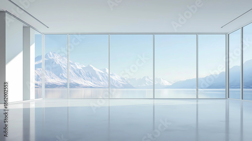 Artificial space of an empty exhibition hall under snow-capped mountains