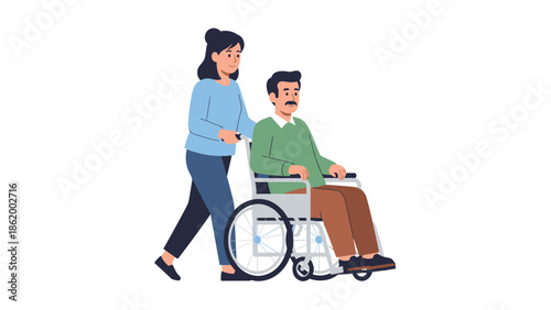 Compassionate woman gently pushing a man in a wheelchair, illustrating assisted mobility, dedicated care, and support for individuals with physical challenges.