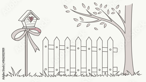  Charming Garden Scene Illustration: Picket Fence, Birdhouse & Tree. Rustic Home & Nature Vector Art