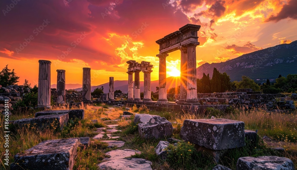Fototapeta premium Ancient Ruins at Sunset - A Journey Through Time and Beauty.