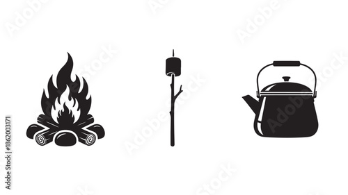 Camping Essentials Set in Simple Monochrome Icons with Black Silhouette for Outdoor Adventure