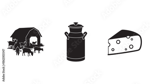 Farm Milk Can with Cheese Slice in Simple Monochrome Illustration for Dairy Products