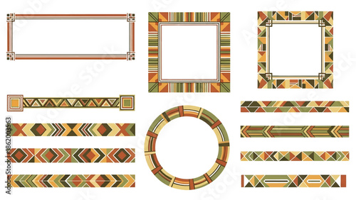 Geometric tribal frame and borders in earthy tones featuring rectangles, squares, strips, and circle