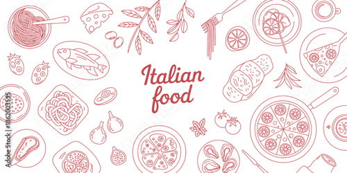 A collection of various Italian dishes and food items, including pizza, pasta, and bread, arranged in a decorative pattern.