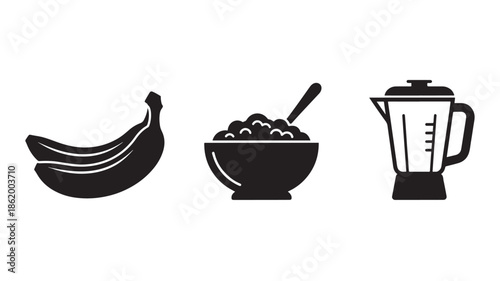 Banana, oatmeal bowl, and blender in simple black and white illustration for healthy eating icon set
