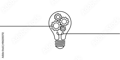 A minimalist line drawing of a lightbulb with gears inside, symbolizing a creative idea or innovation