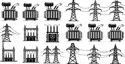 Large Collection of Black Electrical Power Infrastructure Icons Vector Set, Featuring High-Voltage Transformers, Transmission Towers, and Industrial Energy Substation Equipment Symbols.