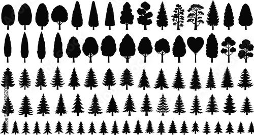 Large collection of black tree silhouettes, various pine, fir, and deciduous plants, isolated vector illustration set for forest landscape.
