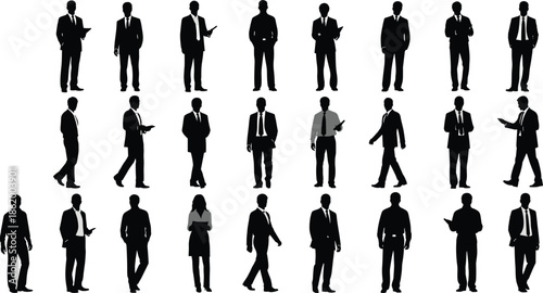 Large collection of black vector silhouettes, businessmen in suits standing and walking, professional corporate team set, isolated illustration.