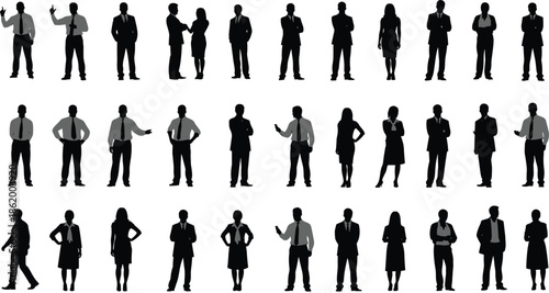 Large collection of business people silhouettes, men and women in suits standing and pointing, isolated vector illustration.