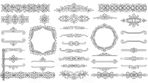 Hand-drawn ornamental frames, borders and floral scrollwork elements arranged in grid in black inks