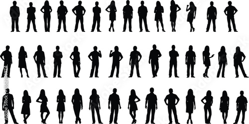 Large collection of casual and business people silhouettes, men and women standing in rows, isolated black vector illustration set.