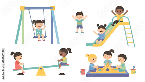Happy children of diverse backgrounds playing on swings, slide, seesaw and sandbox at park smiling!!