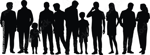 Large group of people silhouette, family standing together, men women and children, community crowd vector illustration, black human background design.