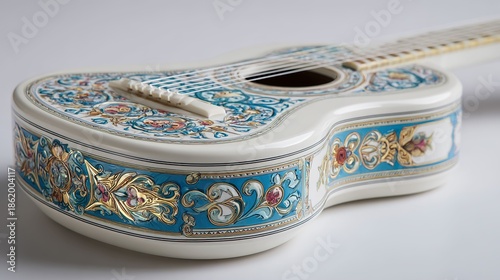 Ornamental acoustic guitar decorated with artistic floral patterns on white background