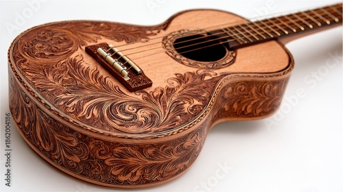Ornate acoustic guitar detailed wood carving musical instrument