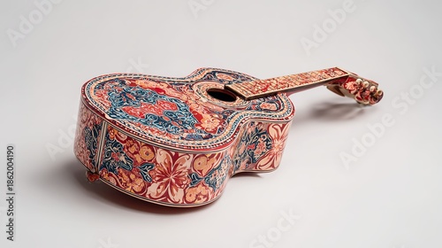 Ornate acoustic guitar floral pattern design studio shot