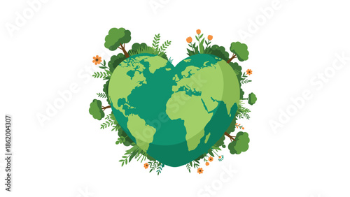 Beautiful heart-shaped Earth globe encompassed by abundant green trees and diverse foliage, symbolizing deep love for nature and environmental protection.