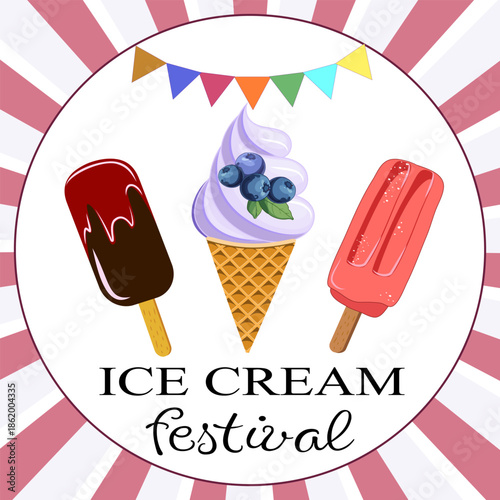 Ice cream festival is always delicious and fun.Vector banner in retro style for the ice cream festival.