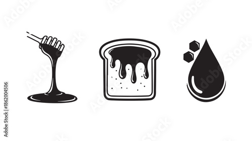 Jam in wine glass, toast, and droplet in minimalist black and white illustration for food blog