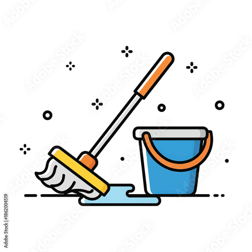 Mop leaning into a puddle beside a blue bucket with orange handle, clean flat stylized illustration