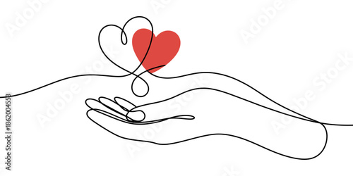 A minimalist line drawing of a hand cradling two intertwined hearts