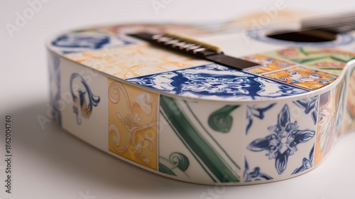 Acoustic guitar with decorative tile design closeup