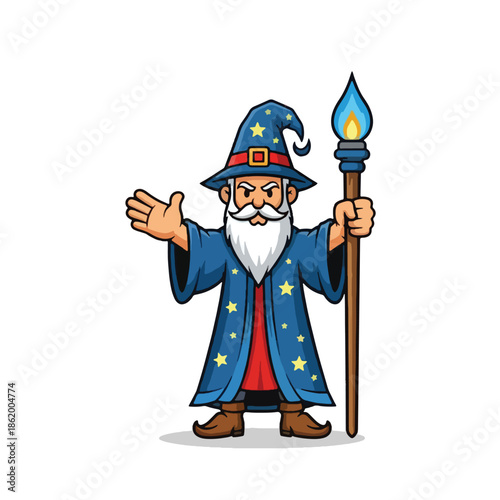 Whimsical old wizard with a glowing magical staff on a clean white background