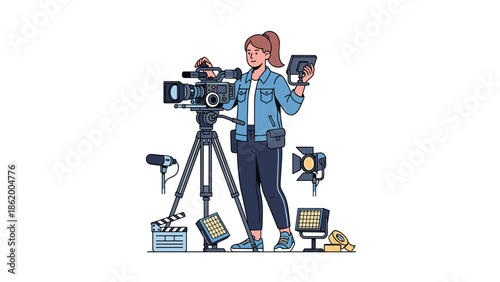 Dynamic illustration of a skilled female videographer operating a professional video camera on a tripod, surrounded by diverse filmmaking accessories and lighting equipment.