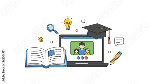 Open book beside a laptop showing a video call, mortarboard on screen, bulb, magnifier, pencil blue