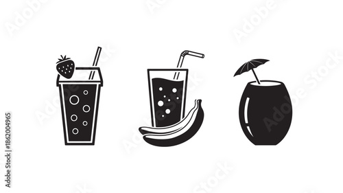Beverage Illustrations in Minimalist Black and White Style with Simple Line Art and Solid Fill for Menu Design