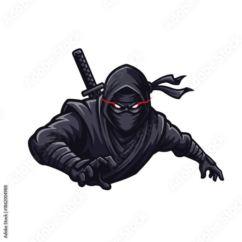 Stealthy ninja warrior with sharp red eyes ready for action on a pure white background
