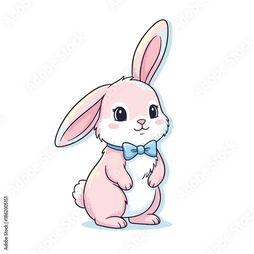 Adorable pink bunny with a cute blue bow tie standing