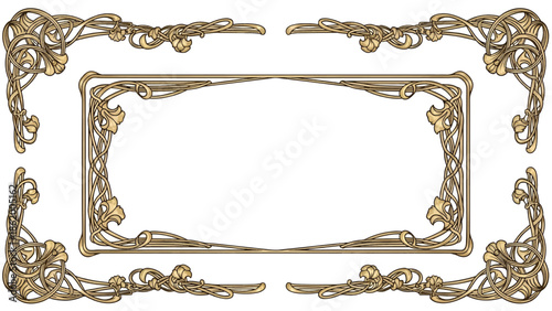 Ornate golden Art Nouveau rectangular frame with entwined floral vines, curling tendrils and corners
